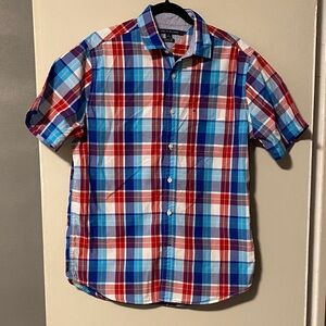 Tommy Hilfiger Men's Red and Blue Plaid Shirt